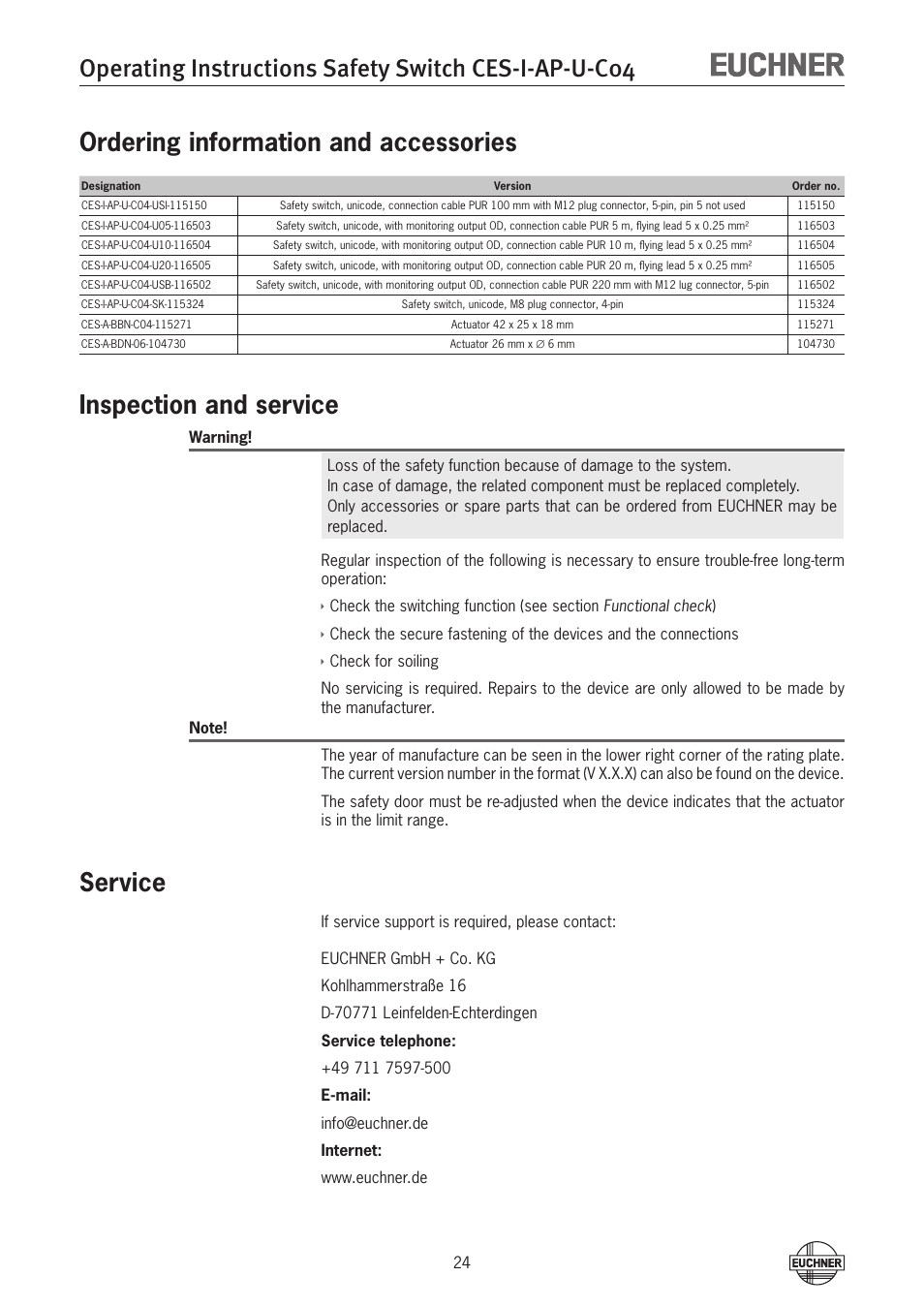 Ordering information and accessories, Inspection and service, Service | Service 24 | EUCHNER CES-I-AP-U-C04 (Unicode) User Manual | Page 24 / 28