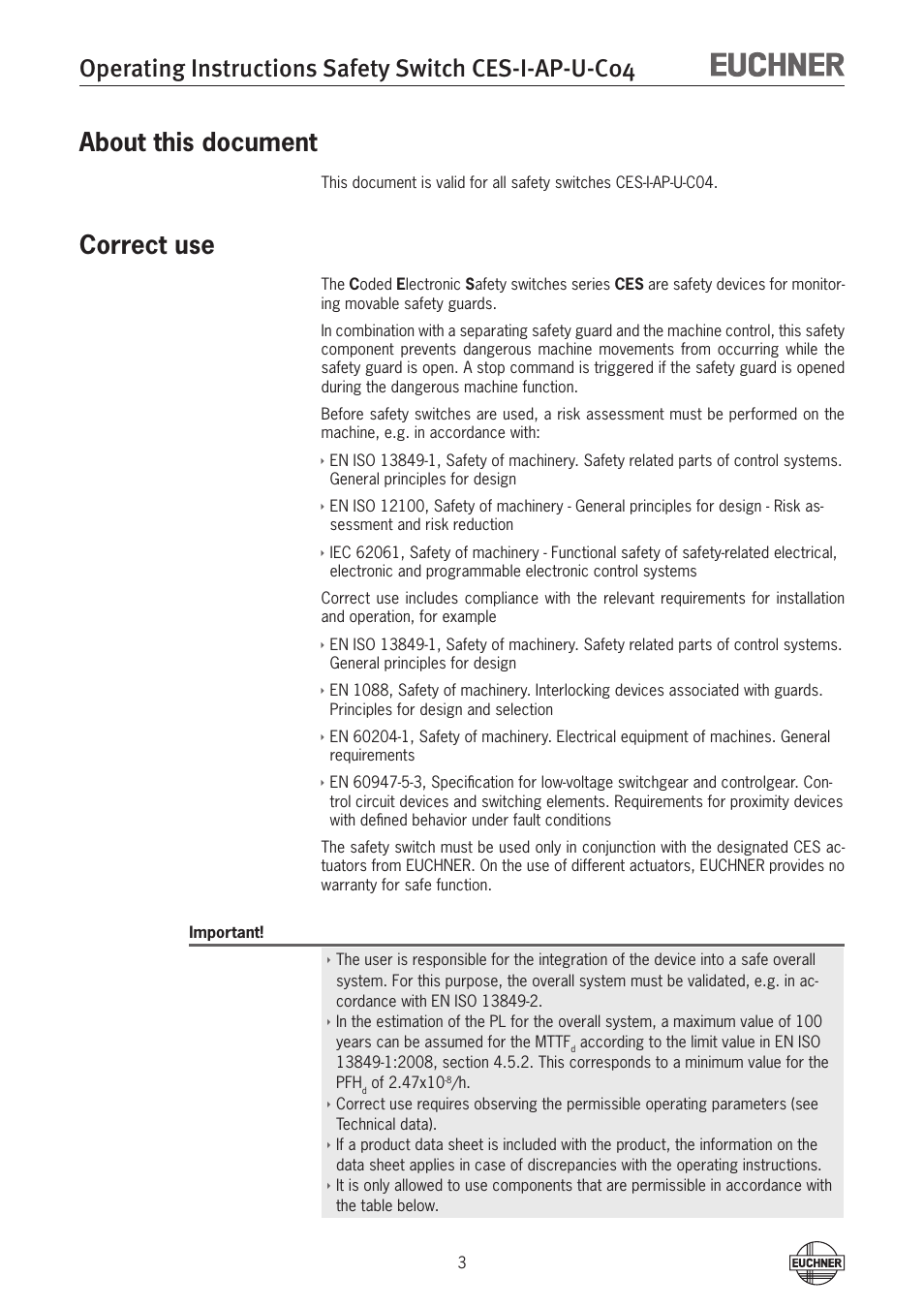 About this document, Correct use | EUCHNER CES-I-AP-U-C04 (Unicode) User Manual | Page 3 / 28