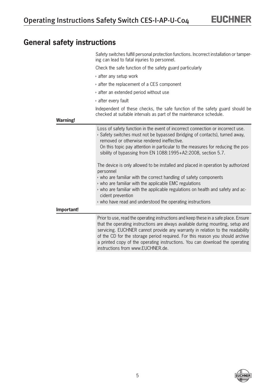 General safety instructions | EUCHNER CES-I-AP-U-C04 (Unicode) User Manual | Page 5 / 28