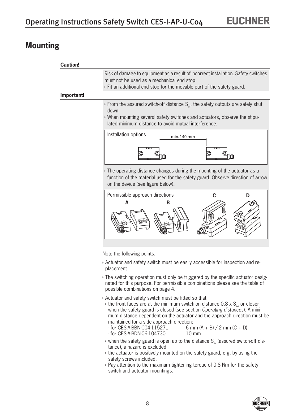 Mounting, Mounting 8 | EUCHNER CES-I-AP-U-C04 (Unicode) User Manual | Page 8 / 28