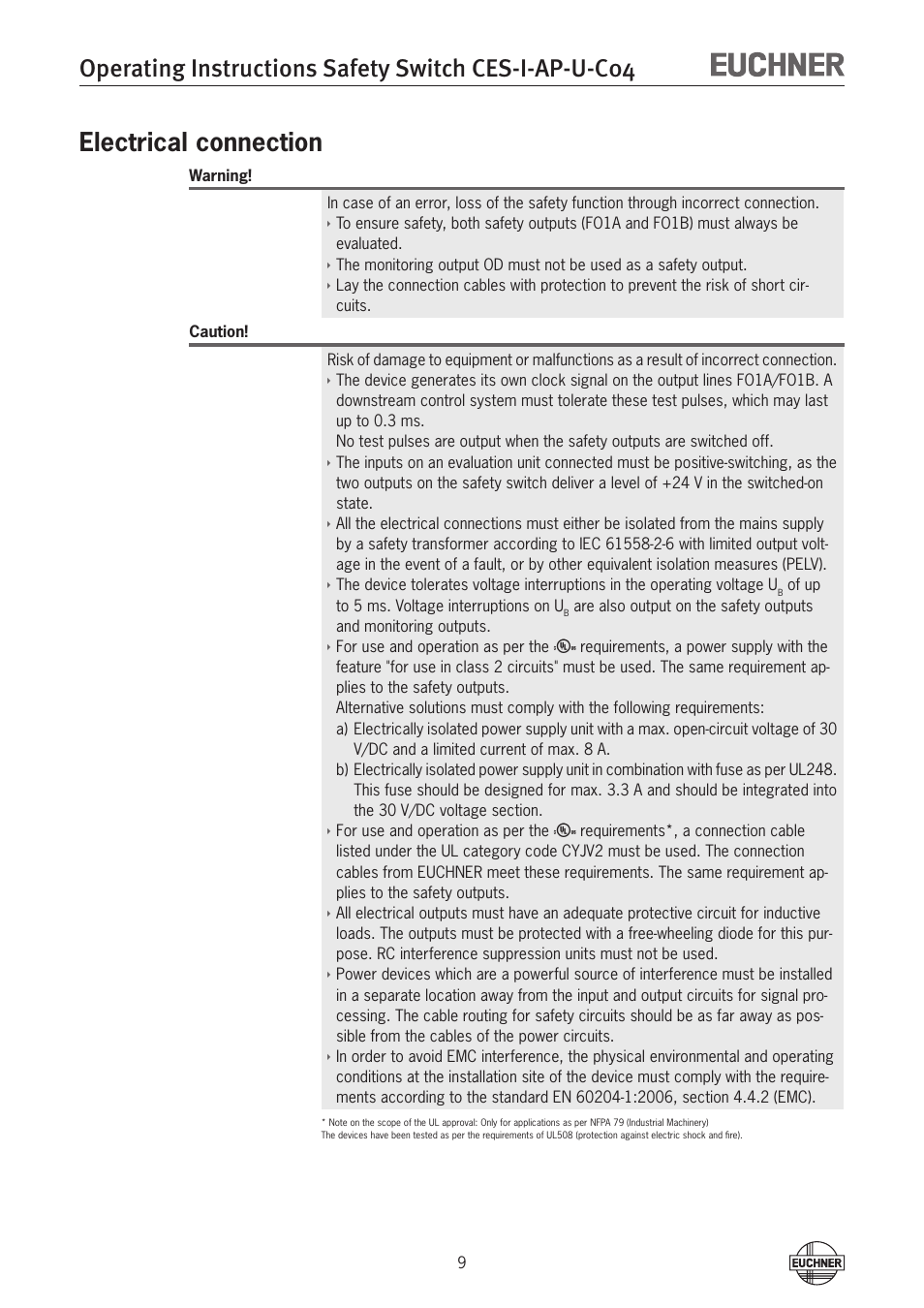 Electrical connection | EUCHNER CES-I-AP-U-C04 (Unicode) User Manual | Page 9 / 28