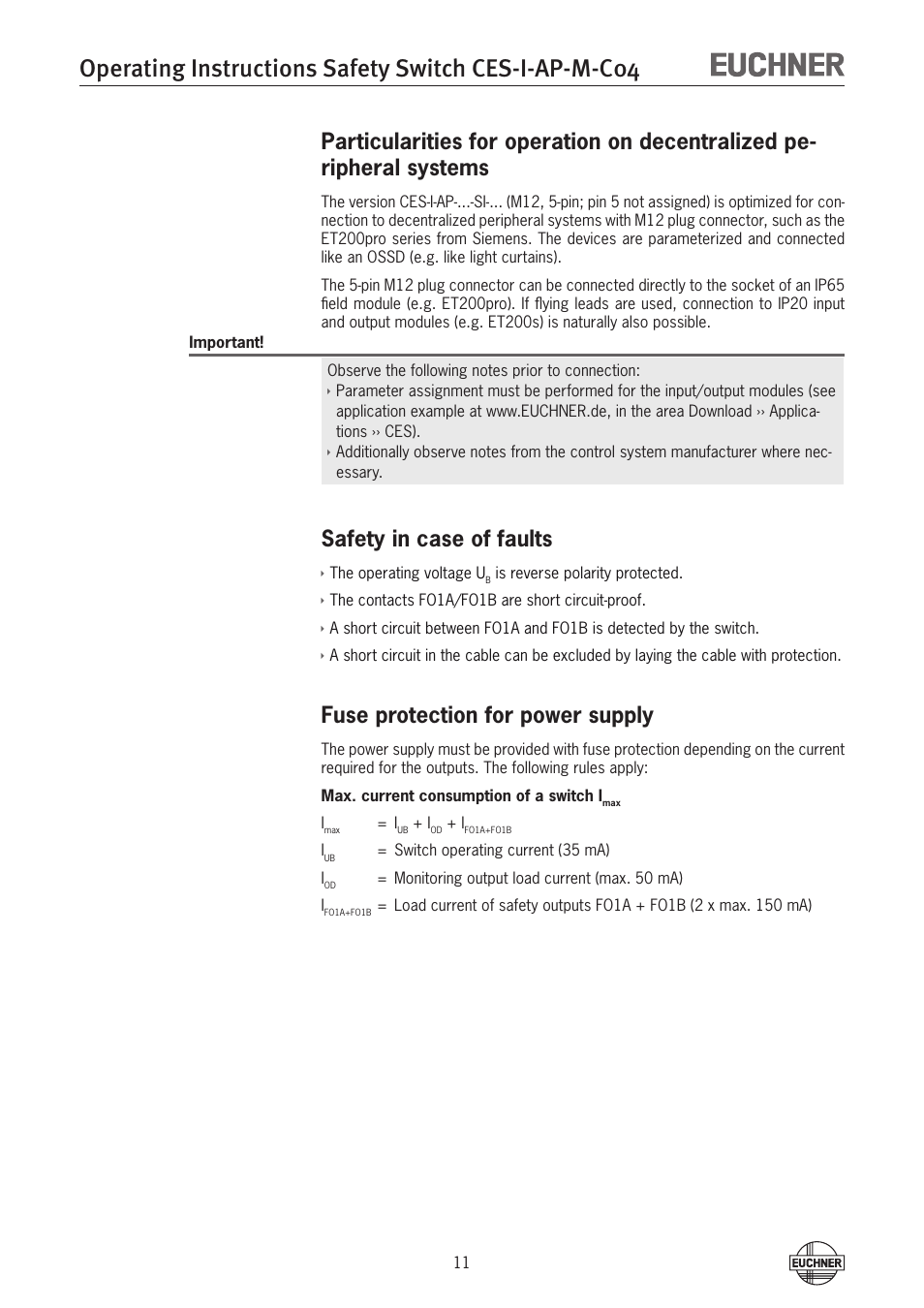 Safety in case of faults, Fuse protection for power supply | EUCHNER CES-I-AP-M-C04 (Multicode) User Manual | Page 11 / 28