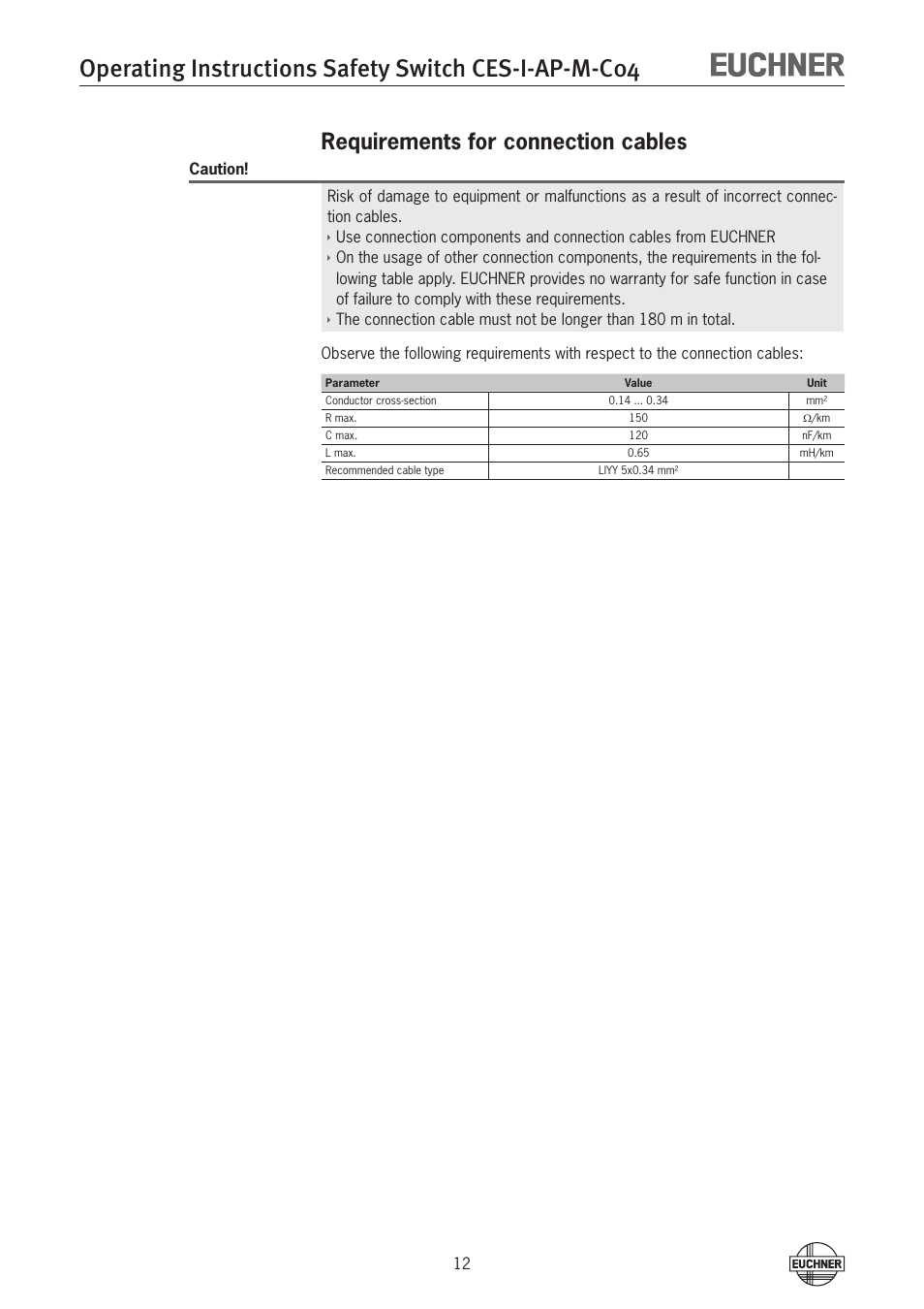 Requirements for connection cables | EUCHNER CES-I-AP-M-C04 (Multicode) User Manual | Page 12 / 28