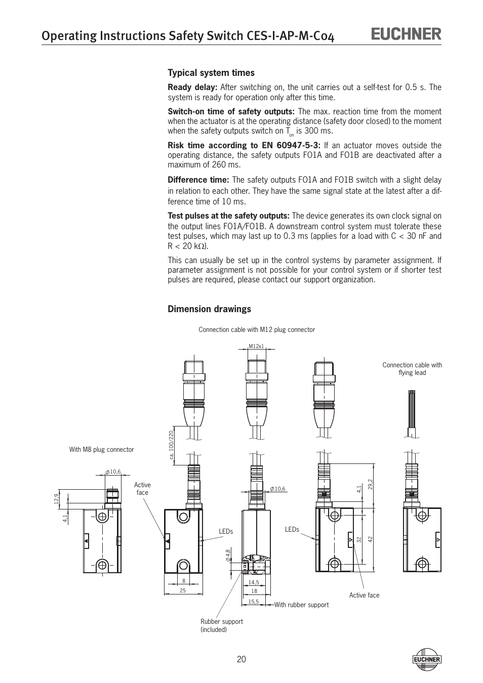 Typical system times, Dimension drawings | EUCHNER CES-I-AP-M-C04 (Multicode) User Manual | Page 20 / 28