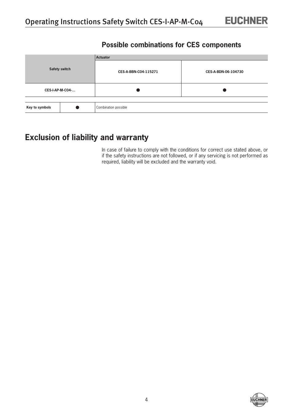 Possible combinations for ces components, Exclusion of liability and warranty | EUCHNER CES-I-AP-M-C04 (Multicode) User Manual | Page 4 / 28