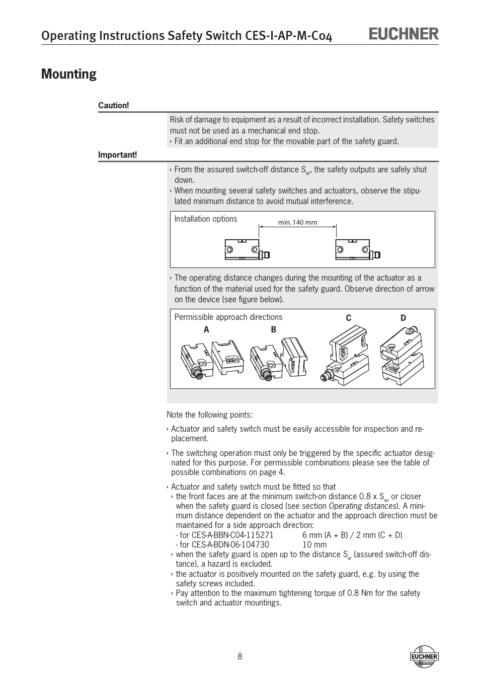 Mounting, Mounting 8 | EUCHNER CES-I-AP-M-C04 (Multicode) User Manual | Page 8 / 28