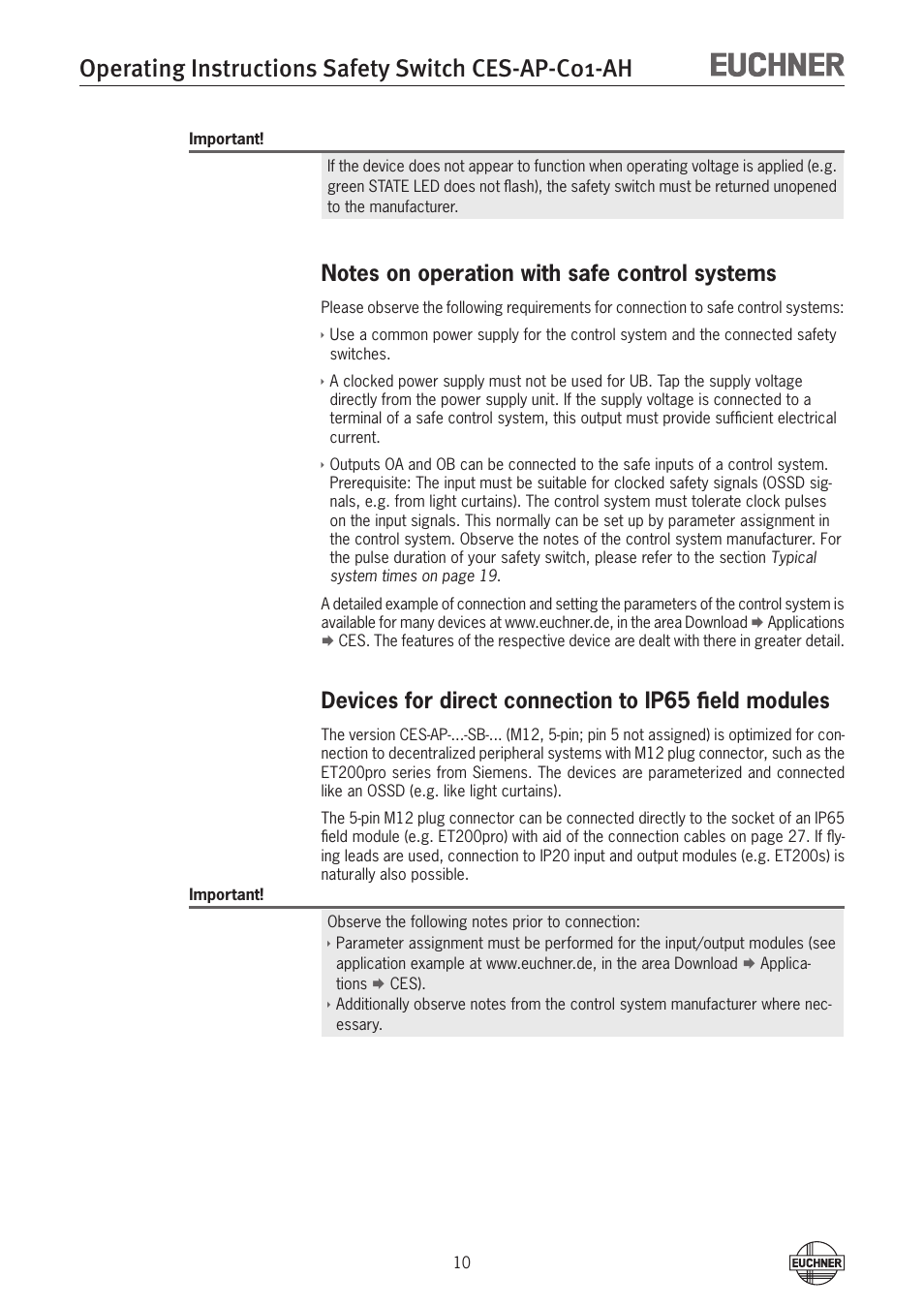 Notes on operation with safe control systems, Operating instructions safety switch ces-ap-c01-ah | EUCHNER CES-AP-C01-AH (Unicode) User Manual | Page 10 / 30