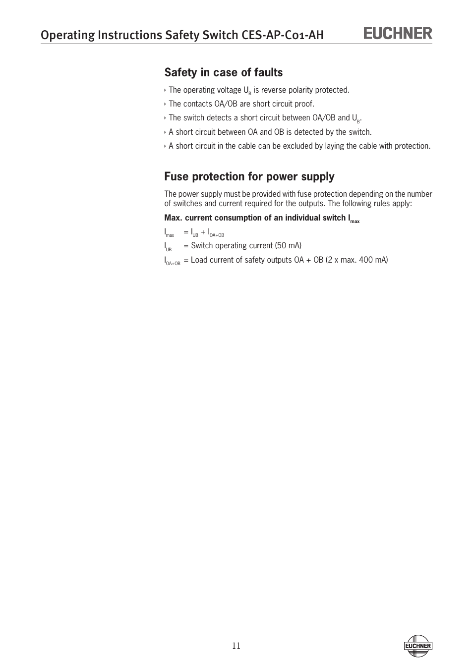 Safety in case of faults, Fuse protection for power supply, Operating instructions safety switch ces-ap-c01-ah | EUCHNER CES-AP-C01-AH (Unicode) User Manual | Page 11 / 30