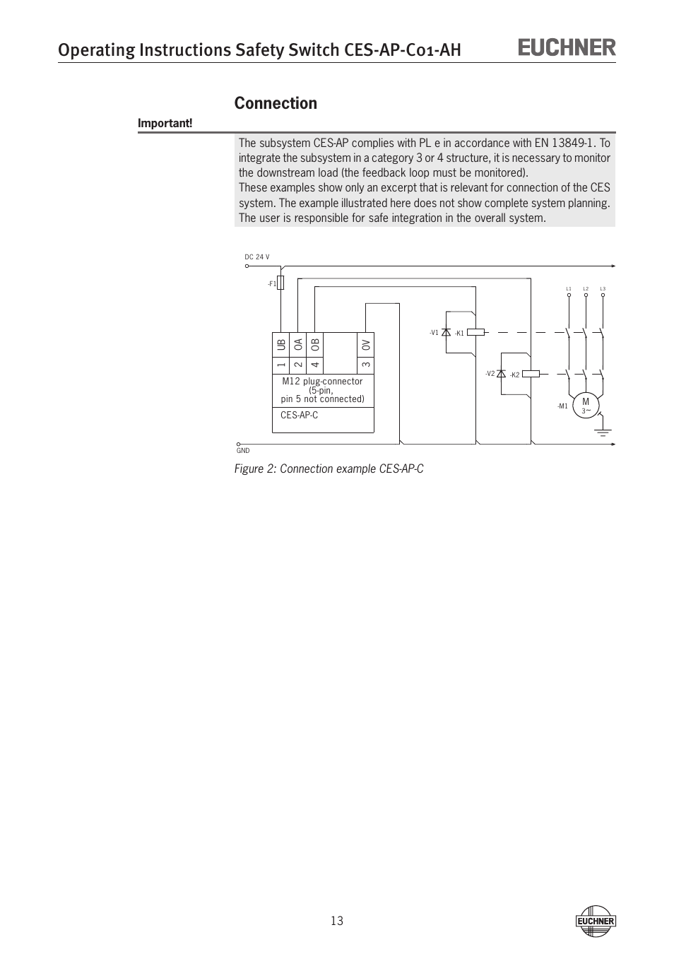 Connection, Connection 13, Operating instructions safety switch ces-ap-c01-ah | Figure 2: connection example ces-ap-c | EUCHNER CES-AP-C01-AH (Unicode) User Manual | Page 13 / 30