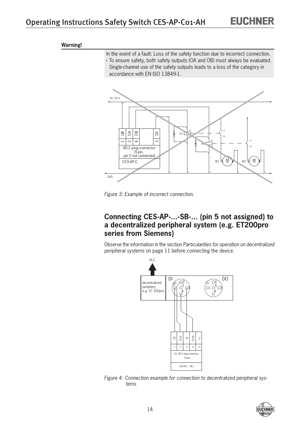 E.g. et200pro series from siemens), Operating instructions safety switch ces-ap-c01-ah, Figure 3: example of incorrect connection | EUCHNER CES-AP-C01-AH (Unicode) User Manual | Page 14 / 30