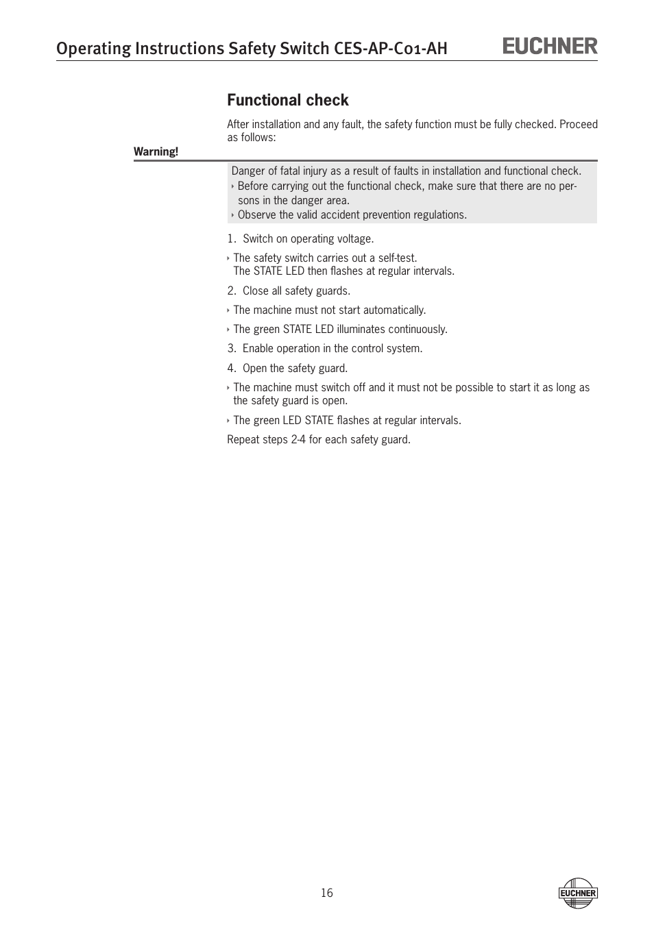 Functional check, Operating instructions safety switch ces-ap-c01-ah | EUCHNER CES-AP-C01-AH (Unicode) User Manual | Page 16 / 30