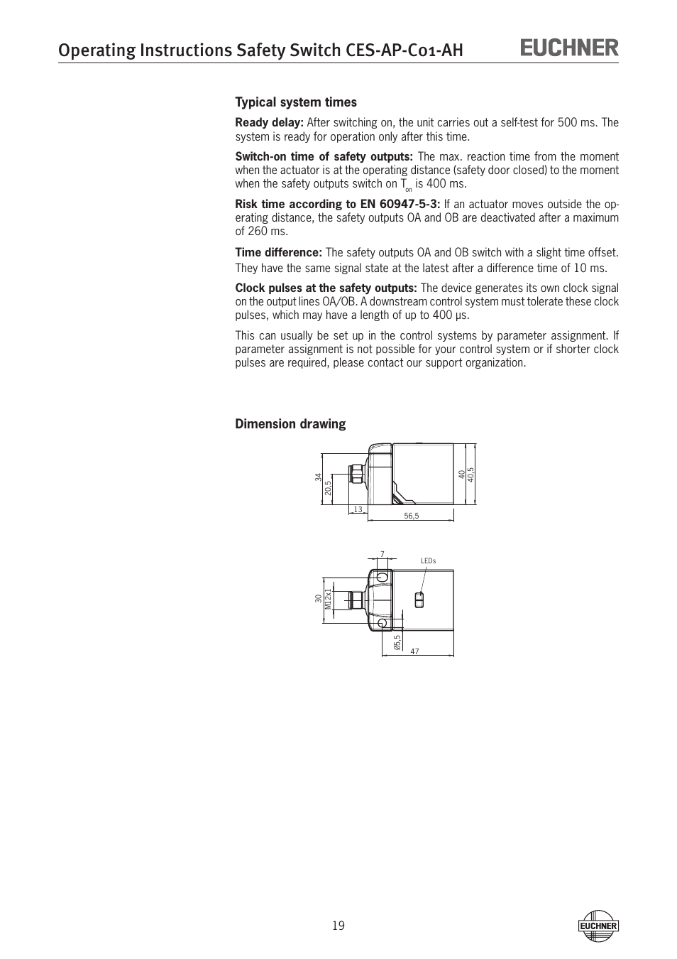 Operating instructions safety switch ces-ap-c01-ah, Typical system times, Dimension drawing | EUCHNER CES-AP-C01-AH (Unicode) User Manual | Page 19 / 30