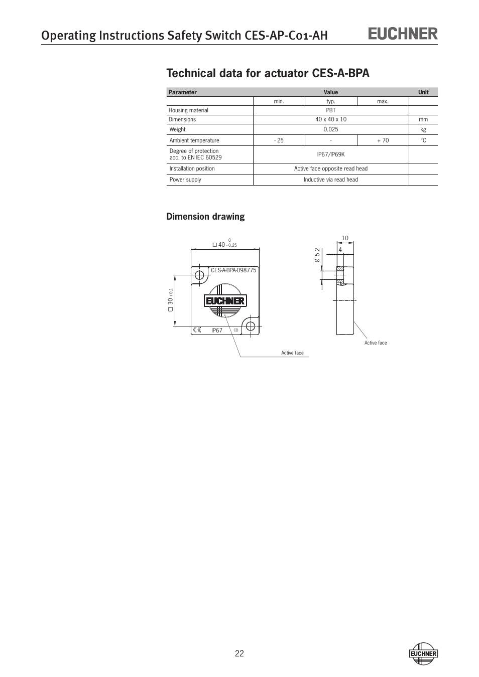 Technical data for actuator ces-a-bpa, Operating instructions safety switch ces-ap-c01-ah, Dimension drawing | EUCHNER CES-AP-C01-AH (Unicode) User Manual | Page 22 / 30
