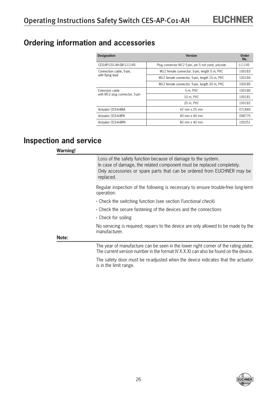 Ordering information and accessories, Inspection and service, Operating instructions safety switch ces-ap-c01-ah | EUCHNER CES-AP-C01-AH (Unicode) User Manual | Page 26 / 30