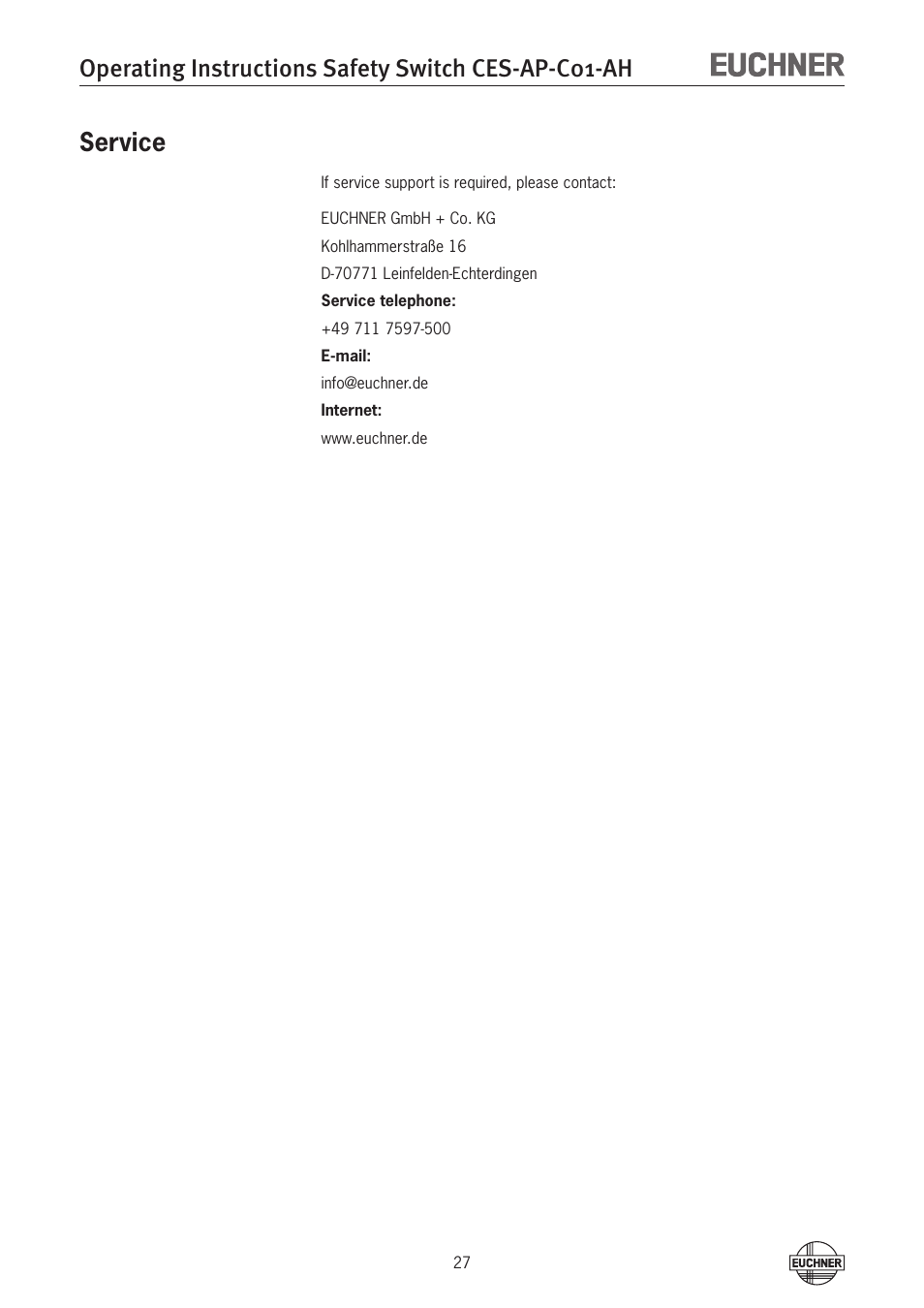 Service, Service 27, Operating instructions safety switch ces-ap-c01-ah | EUCHNER CES-AP-C01-AH (Unicode) User Manual | Page 27 / 30