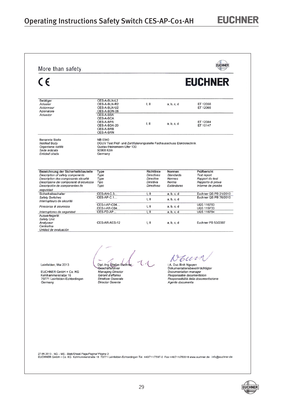 Operating instructions safety switch ces-ap-c01-ah | EUCHNER CES-AP-C01-AH (Unicode) User Manual | Page 29 / 30