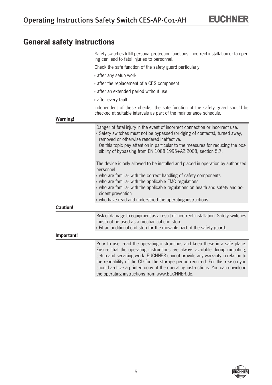 General safety instructions, Operating instructions safety switch ces-ap-c01-ah | EUCHNER CES-AP-C01-AH (Unicode) User Manual | Page 5 / 30