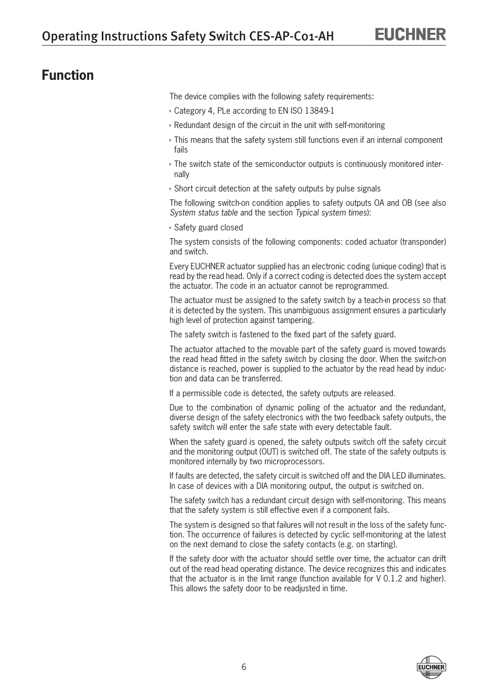 Function, Function 6, Operating instructions safety switch ces-ap-c01-ah | EUCHNER CES-AP-C01-AH (Unicode) User Manual | Page 6 / 30