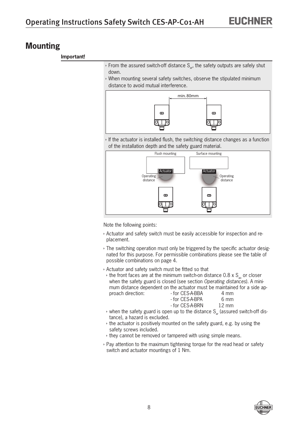 Mounting, Mounting 8, Operating instructions safety switch ces-ap-c01-ah | EUCHNER CES-AP-C01-AH (Unicode) User Manual | Page 8 / 30