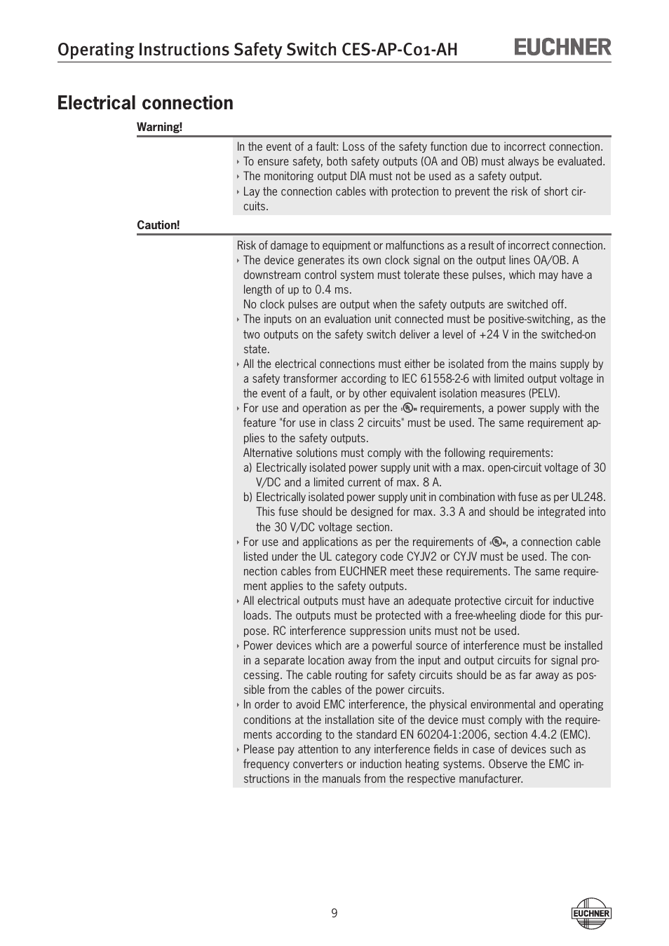 Electrical connection, Operating instructions safety switch ces-ap-c01-ah | EUCHNER CES-AP-C01-AH (Unicode) User Manual | Page 9 / 30