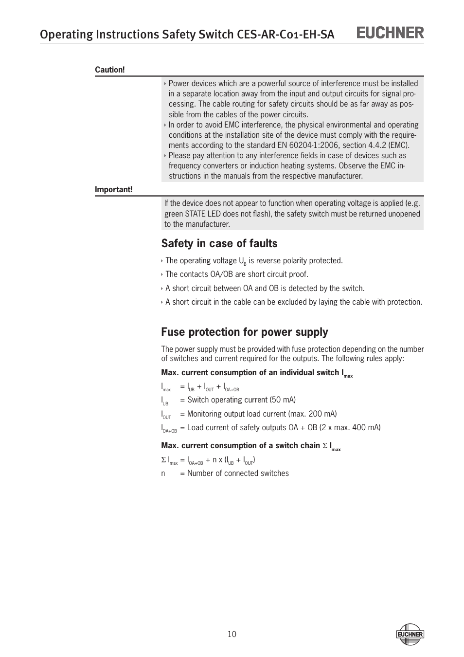 Safety in case of faults, Fuse protection for power supply | EUCHNER CES-AR-C01-EH-SA (Fixcode) User Manual | Page 10 / 32