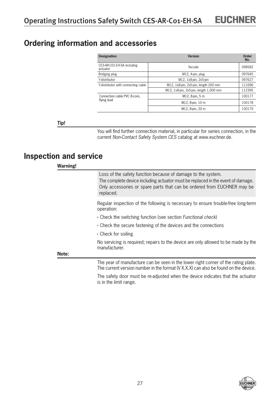 Ordering information and accessories, Inspection and service | EUCHNER CES-AR-C01-EH-SA (Fixcode) User Manual | Page 27 / 32