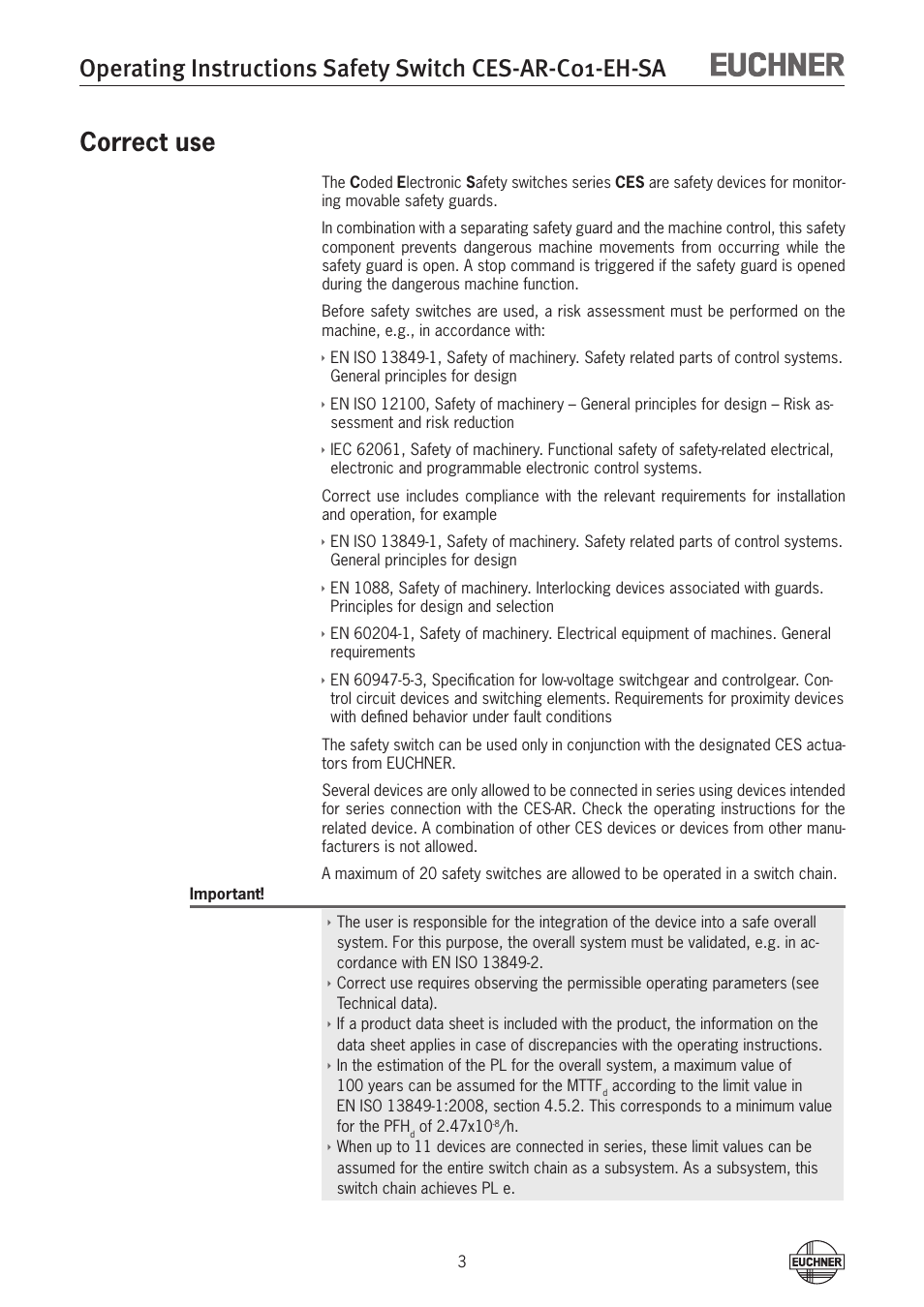 Correct use | EUCHNER CES-AR-C01-EH-SA (Fixcode) User Manual | Page 3 / 32