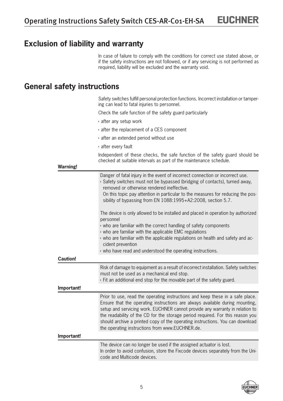 Exclusion of liability and warranty, General safety instructions | EUCHNER CES-AR-C01-EH-SA (Fixcode) User Manual | Page 5 / 32