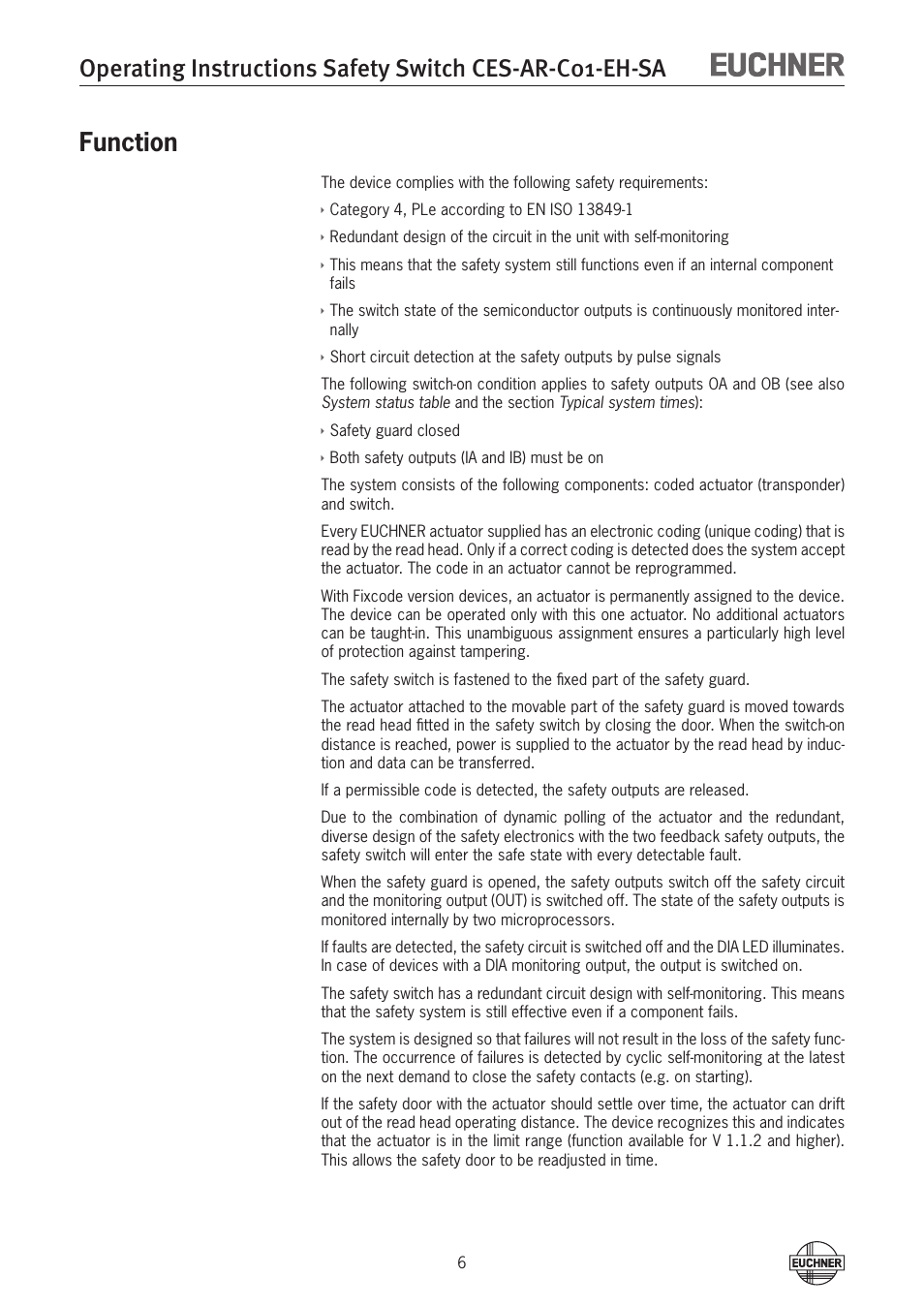 Function, Function 6 | EUCHNER CES-AR-C01-EH-SA (Fixcode) User Manual | Page 6 / 32