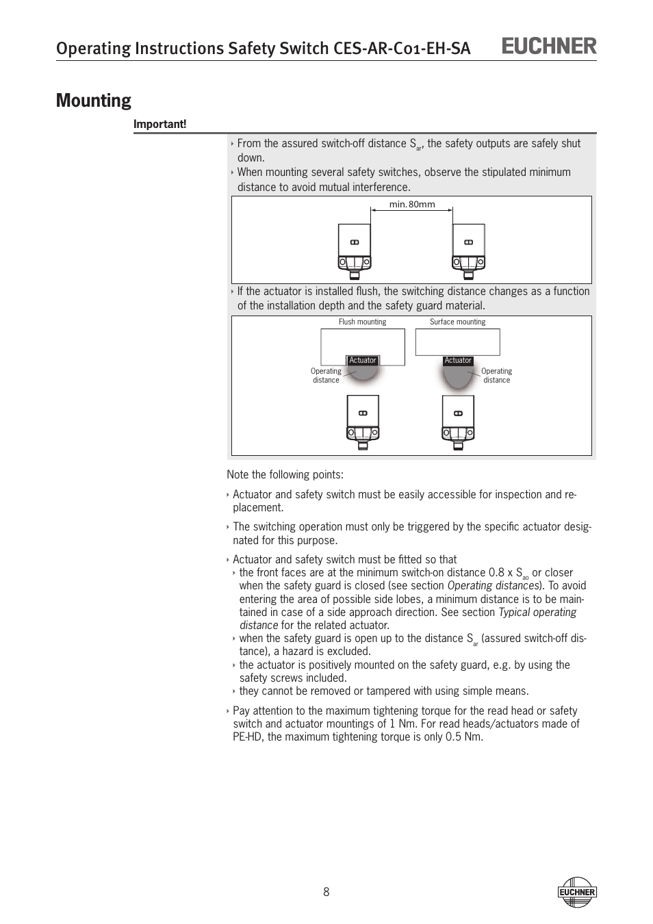 Mounting, Mounting 8 | EUCHNER CES-AR-C01-EH-SA (Fixcode) User Manual | Page 8 / 32
