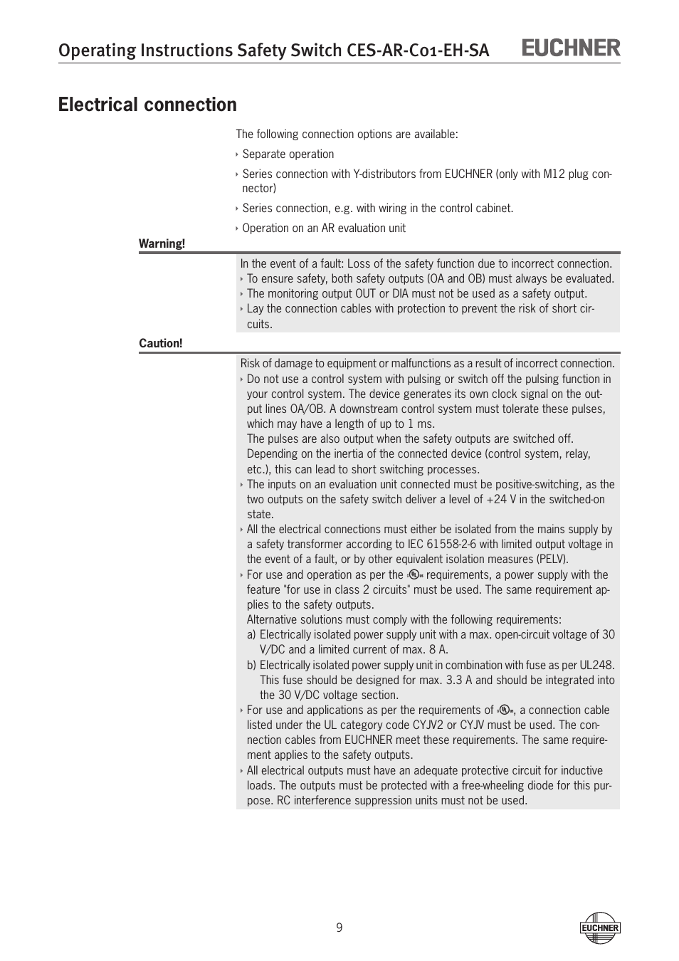 Electrical connection | EUCHNER CES-AR-C01-EH-SA (Fixcode) User Manual | Page 9 / 32