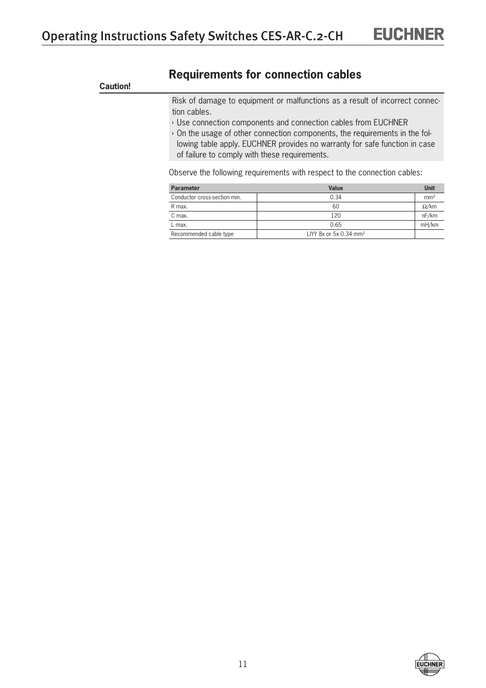 Requirements for connection cables | EUCHNER CES-AR-CL2-CH (Multicode) User Manual | Page 11 / 34