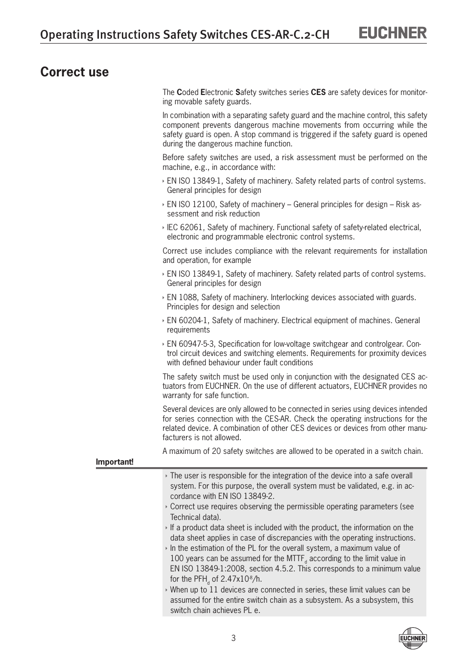 Correct use | EUCHNER CES-AR-CL2-CH (Multicode) User Manual | Page 3 / 34