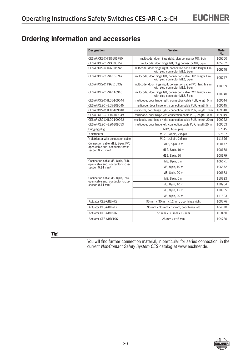 Ordering information and accessories | EUCHNER CES-AR-CL2-CH (Multicode) User Manual | Page 30 / 34