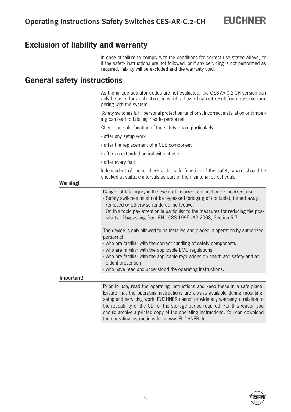 Exclusion of liability and warranty, General safety instructions | EUCHNER CES-AR-CL2-CH (Multicode) User Manual | Page 5 / 34
