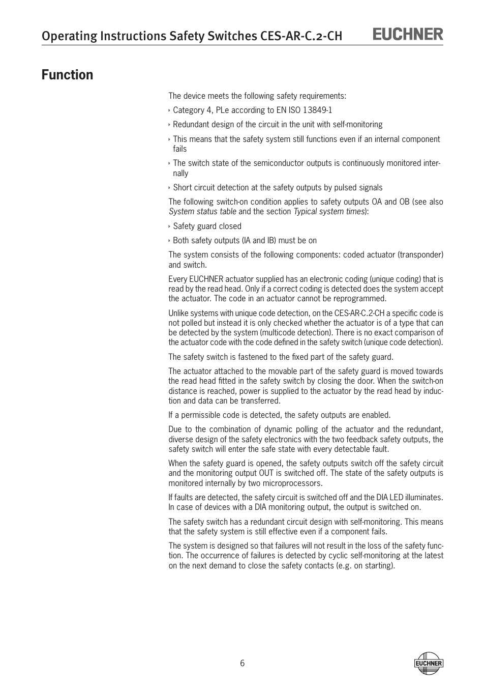 Function | EUCHNER CES-AR-CL2-CH (Multicode) User Manual | Page 6 / 34
