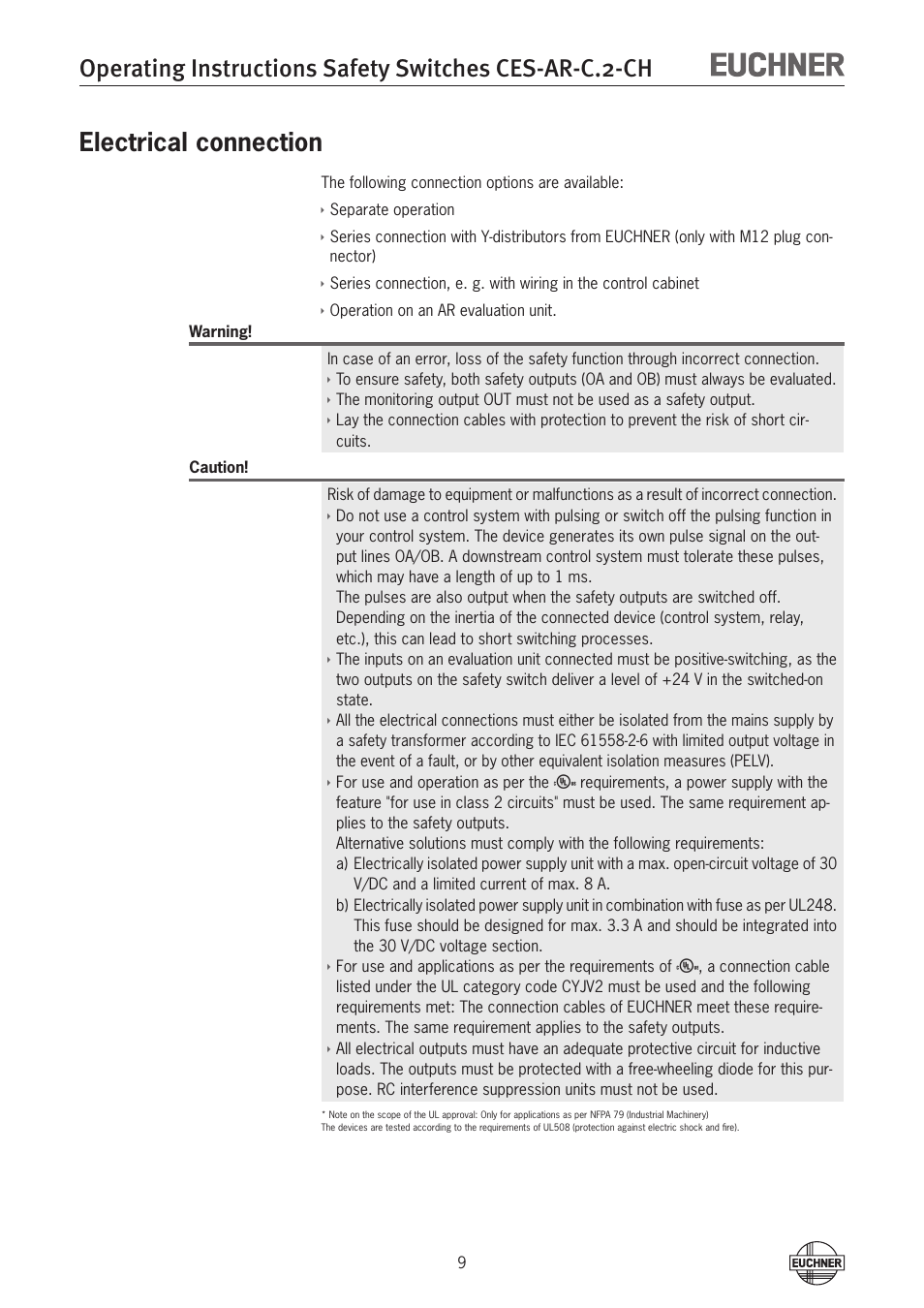 Electrical connection | EUCHNER CES-AR-CL2-CH (Multicode) User Manual | Page 9 / 34