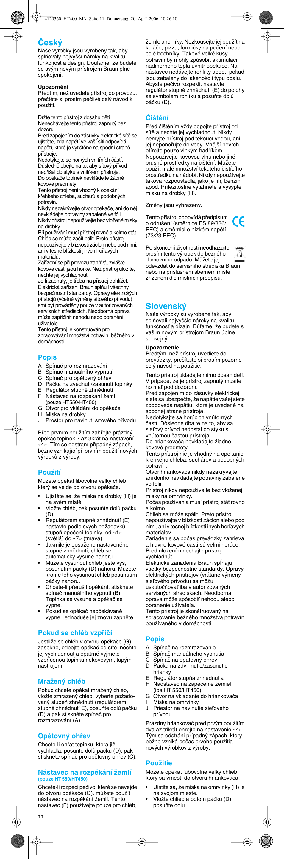 Âesk, Slovensk | Braun MultiToast HT 500 User Manual | Page 11 / 20