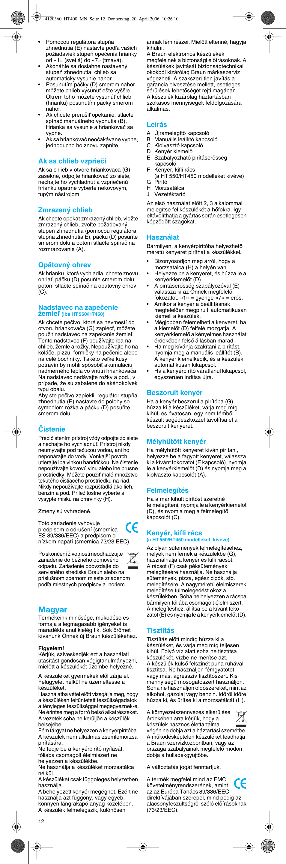 Magyar | Braun MultiToast HT 500 User Manual | Page 12 / 20