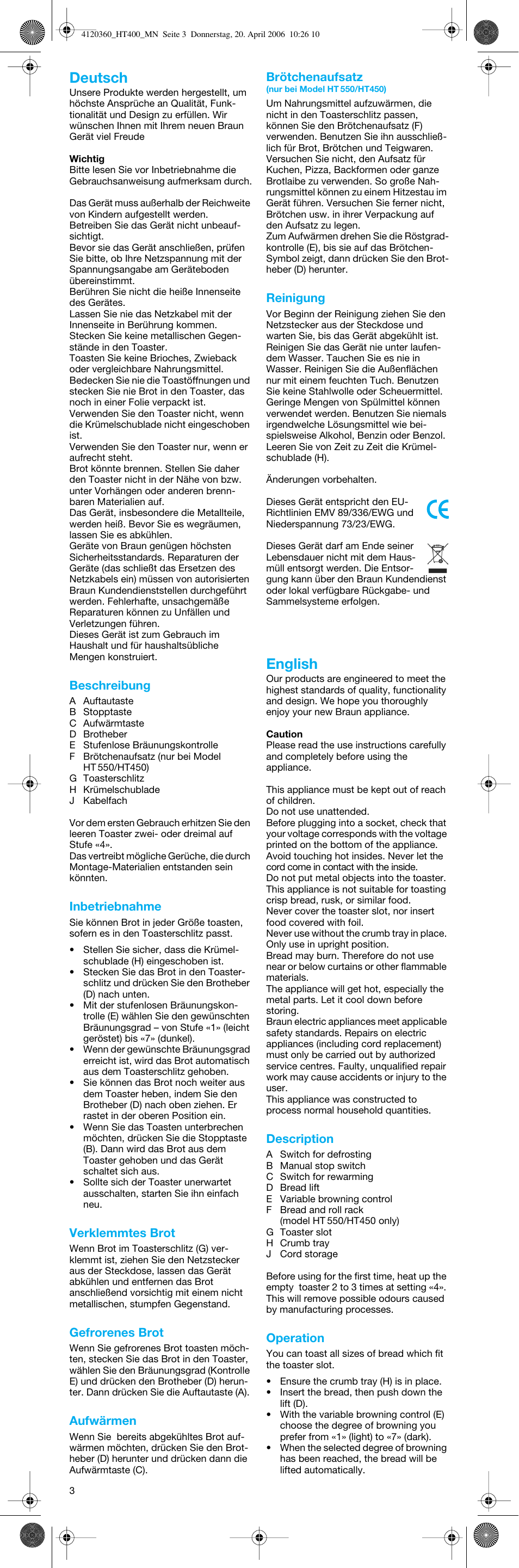 Deutsch, English | Braun MultiToast HT 500 User Manual | Page 3 / 20