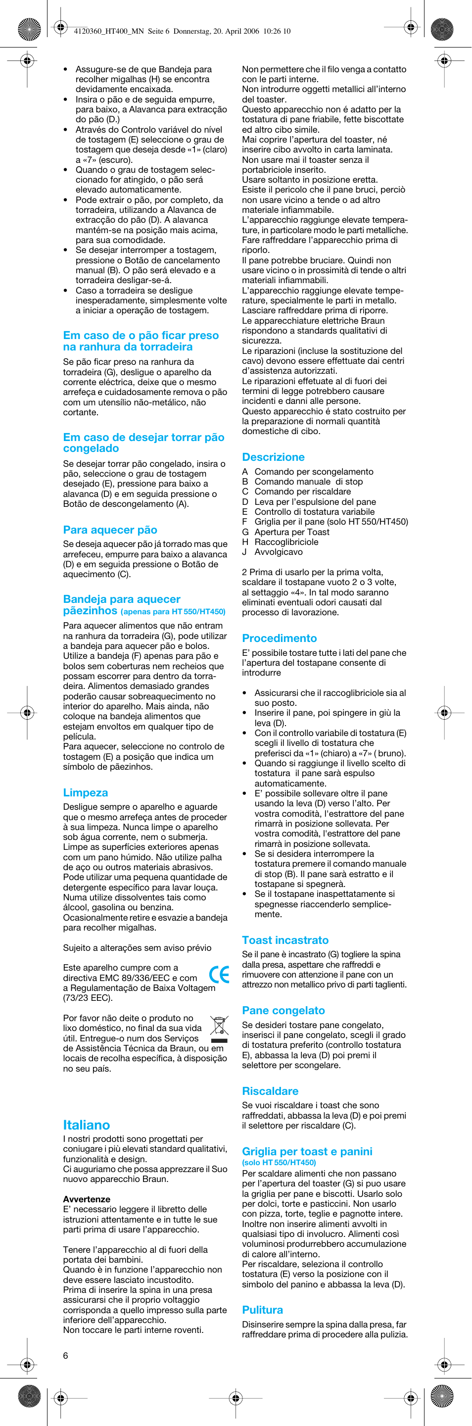 Italiano | Braun MultiToast HT 500 User Manual | Page 6 / 20