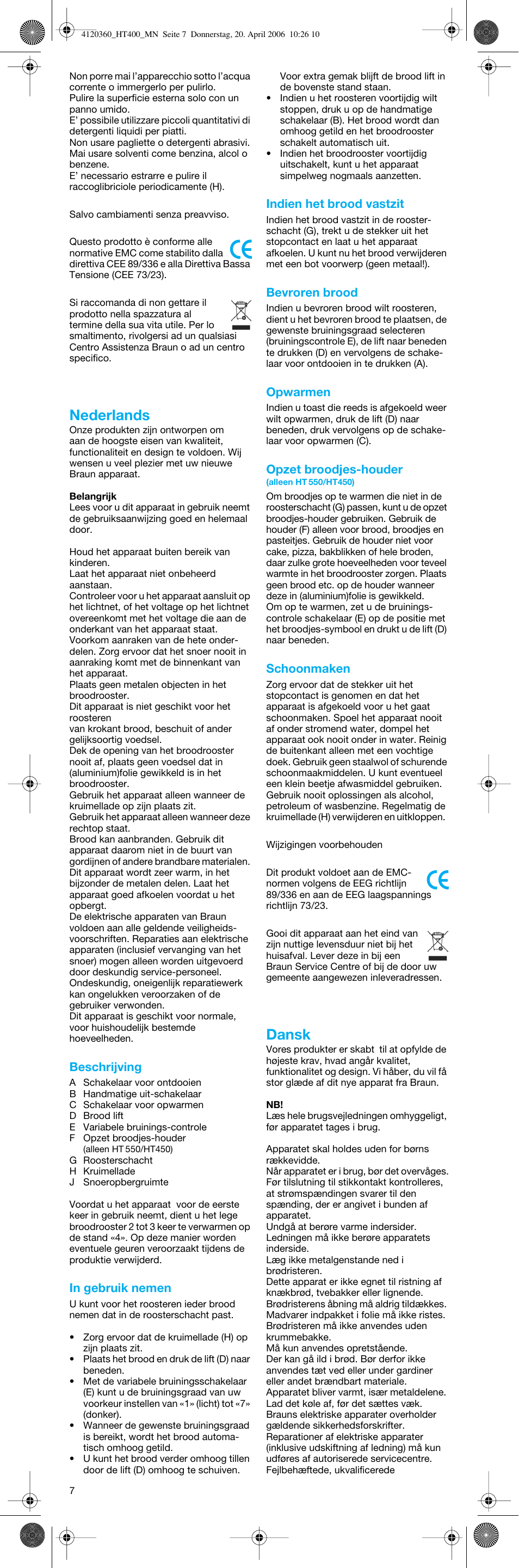 Nederlands, Dansk | Braun MultiToast HT 500 User Manual | Page 7 / 20