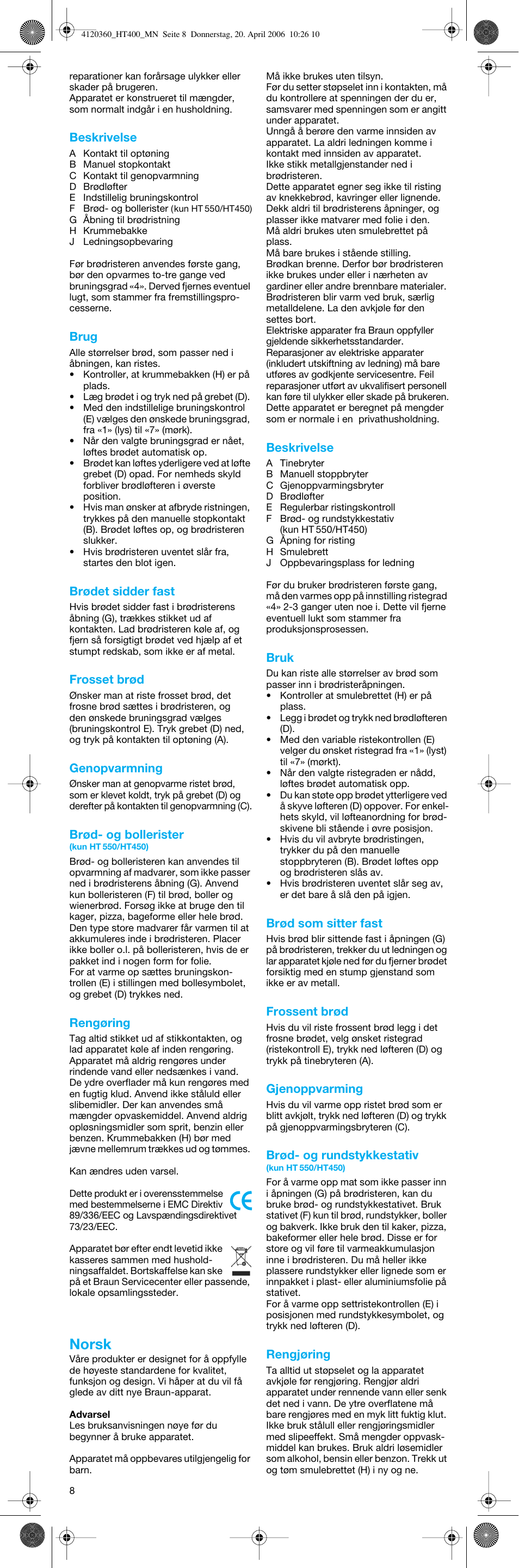 Norsk | Braun MultiToast HT 500 User Manual | Page 8 / 20