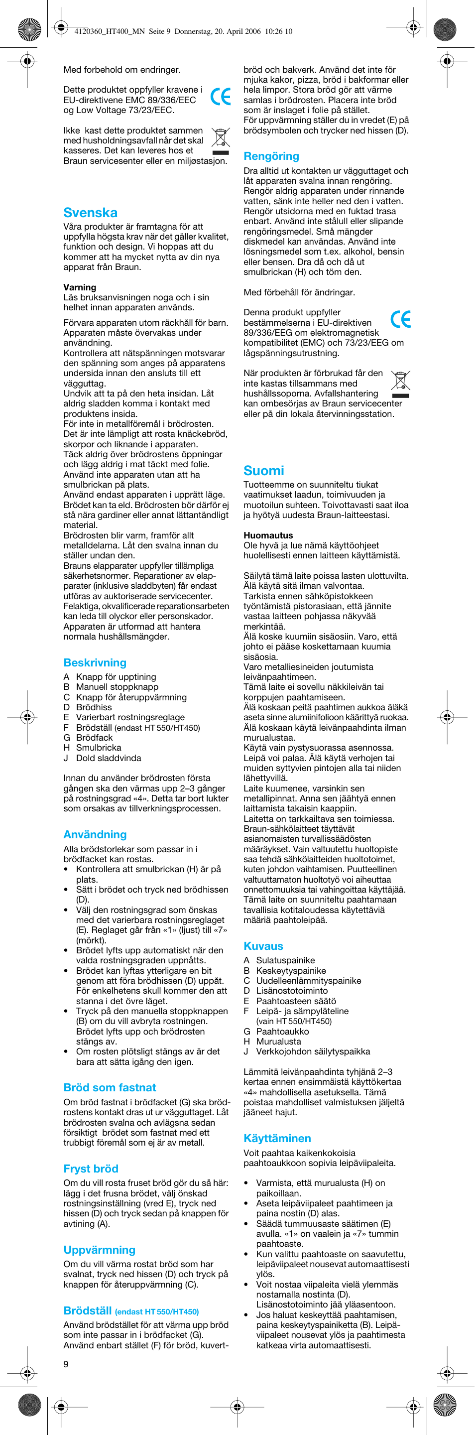 Svenska, Suomi | Braun MultiToast HT 500 User Manual | Page 9 / 20