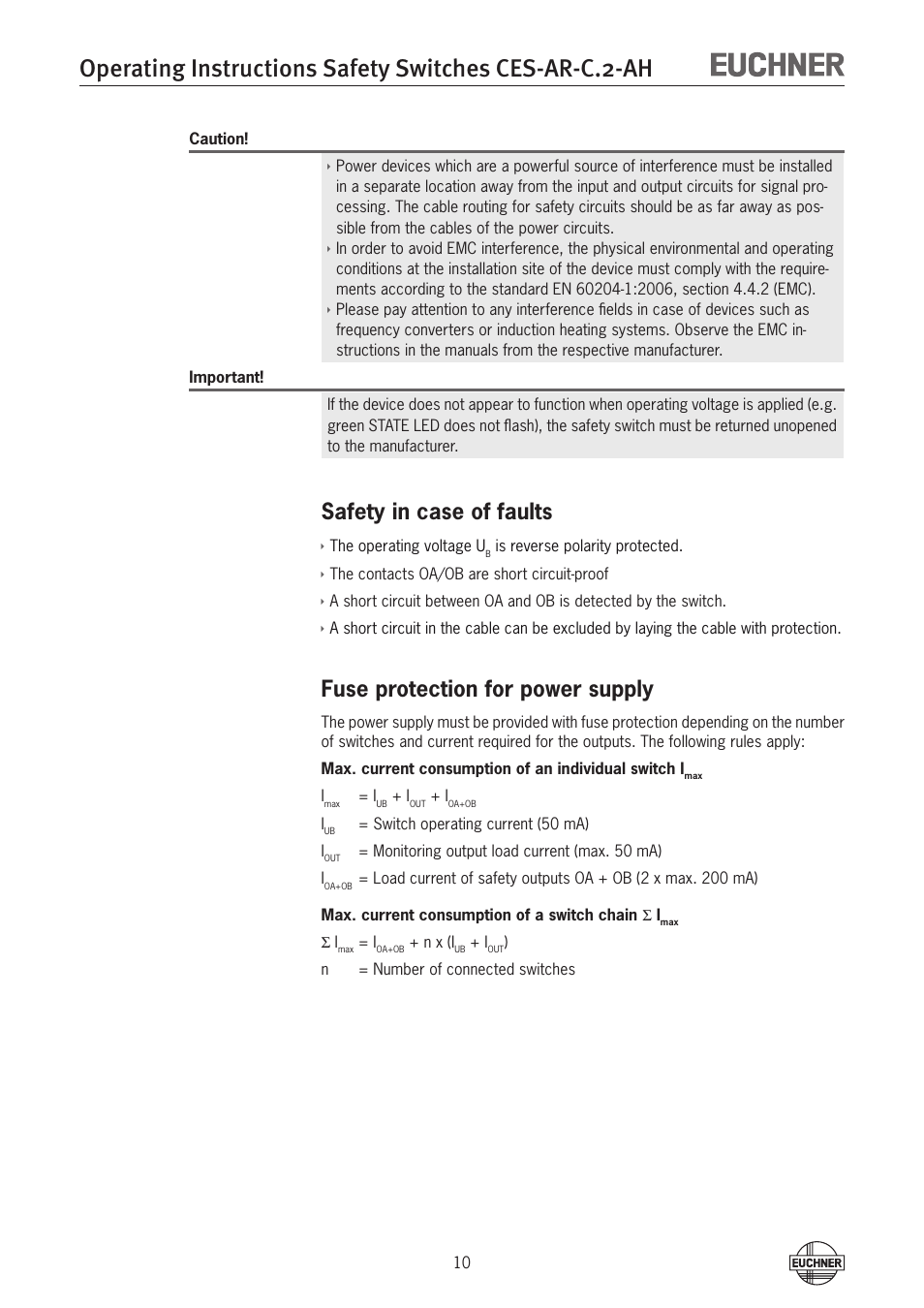 Safety in case of faults, Fuse protection for power supply | EUCHNER CES-AR-CL2-AH (Unicode) User Manual | Page 10 / 36