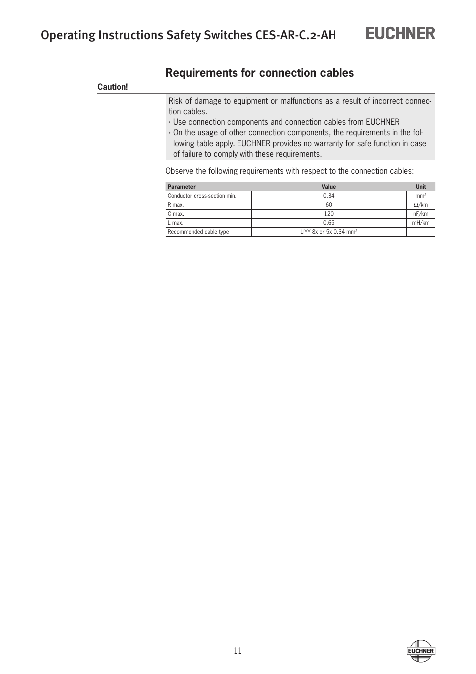 Requirements for connection cables | EUCHNER CES-AR-CL2-AH (Unicode) User Manual | Page 11 / 36