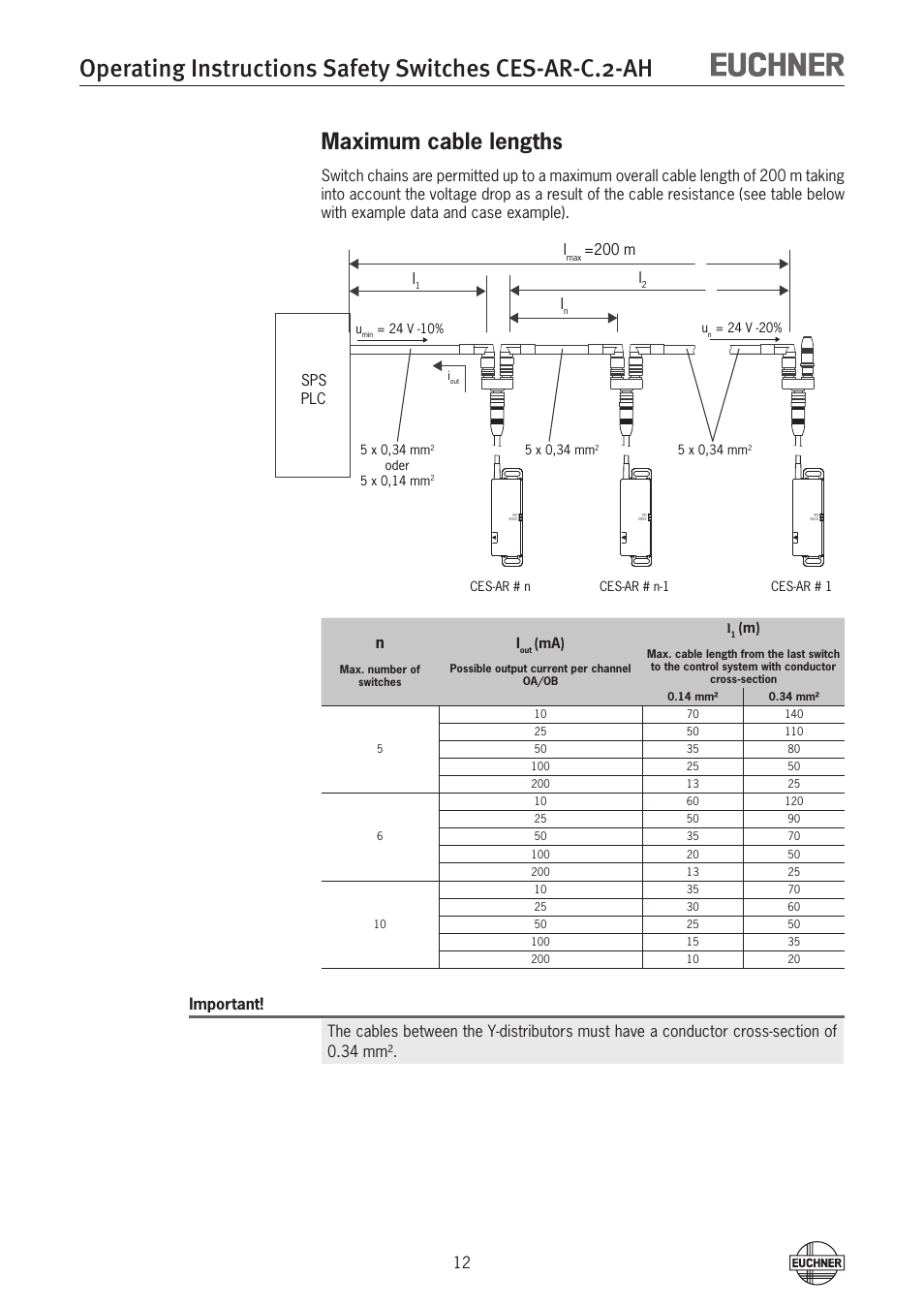 Maximum cable lengths, Sps plc l, 200 m l | EUCHNER CES-AR-CL2-AH (Unicode) User Manual | Page 12 / 36