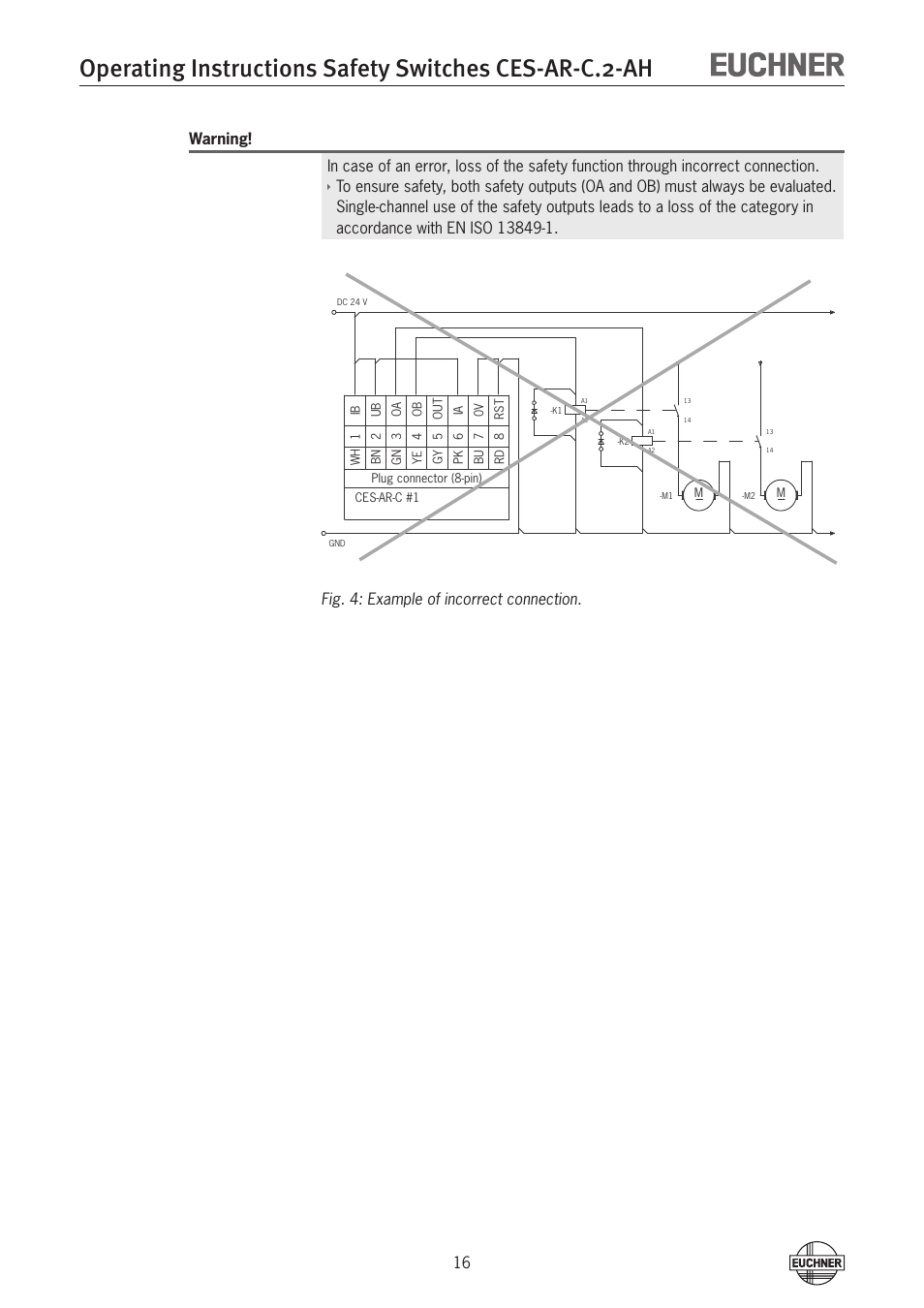 Fig. 4: example of incorrect connection | EUCHNER CES-AR-CL2-AH (Unicode) User Manual | Page 16 / 36