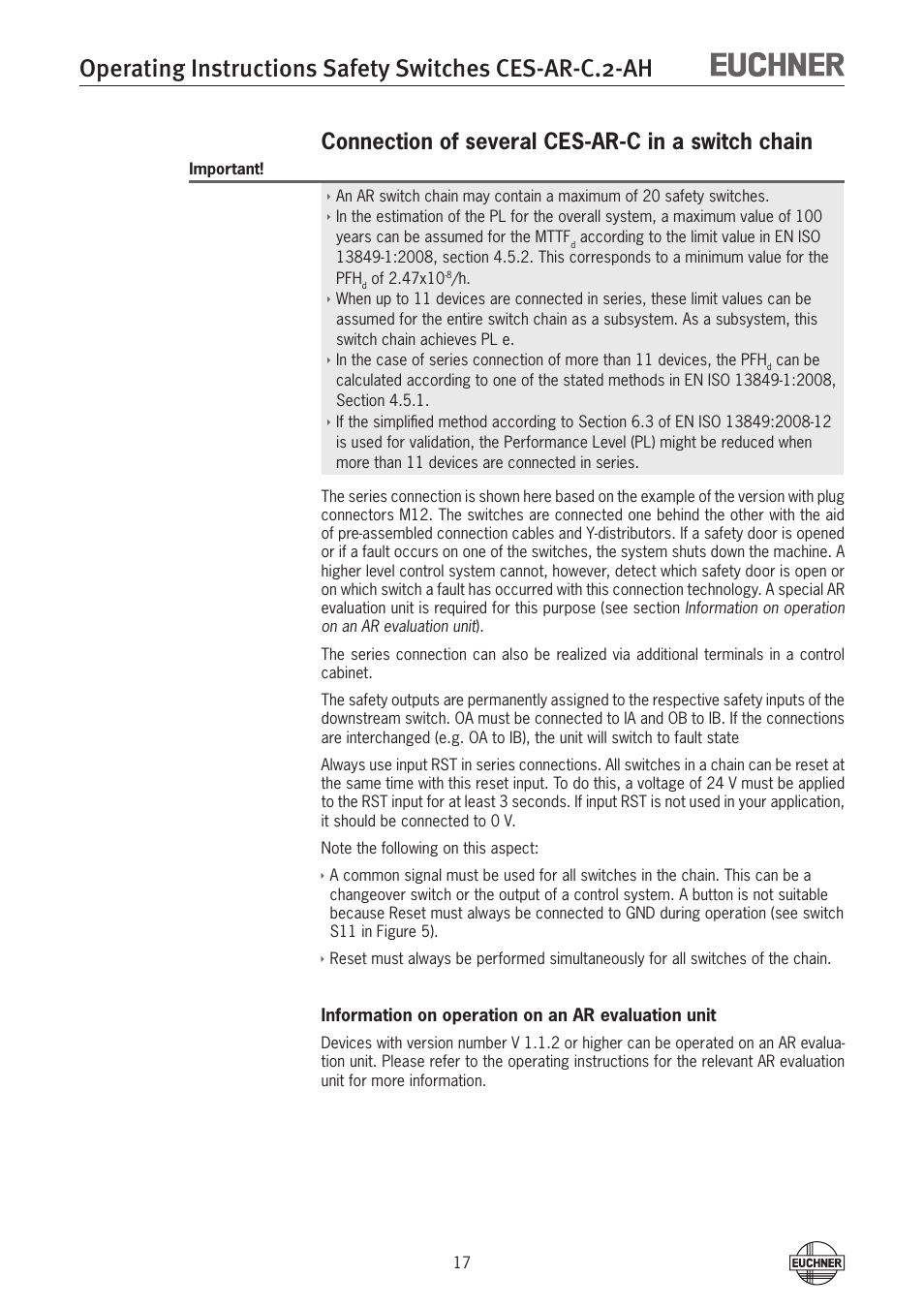 Connection of several ces-ar-c in a switch chain | EUCHNER CES-AR-CL2-AH (Unicode) User Manual | Page 17 / 36