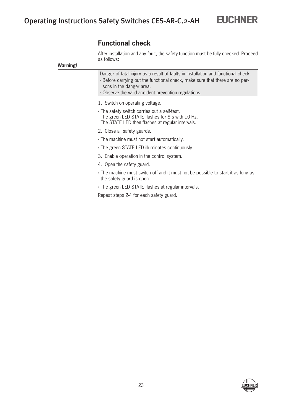 Functional check | EUCHNER CES-AR-CL2-AH (Unicode) User Manual | Page 23 / 36